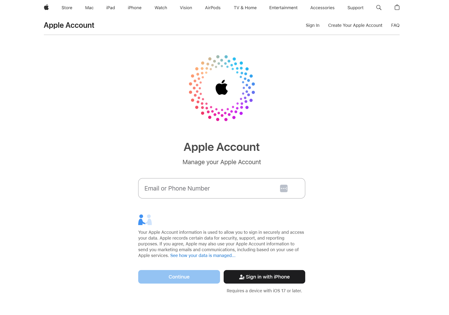 Apple account homepage